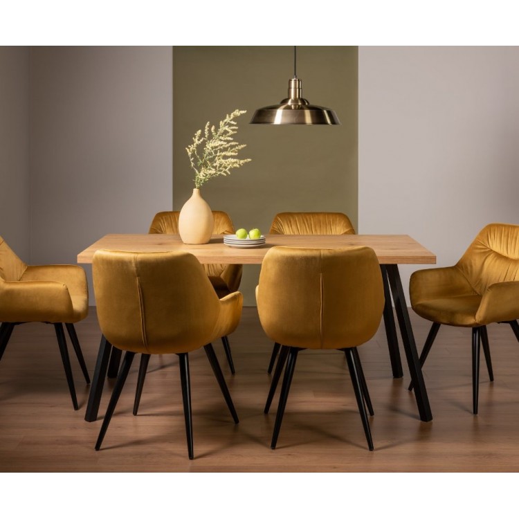 Bentley Designs Ramsay Rustic Oak Effect Melamine 6 Seater Dining Table with 6 Dali Mustard Velvet Fabric Chairs