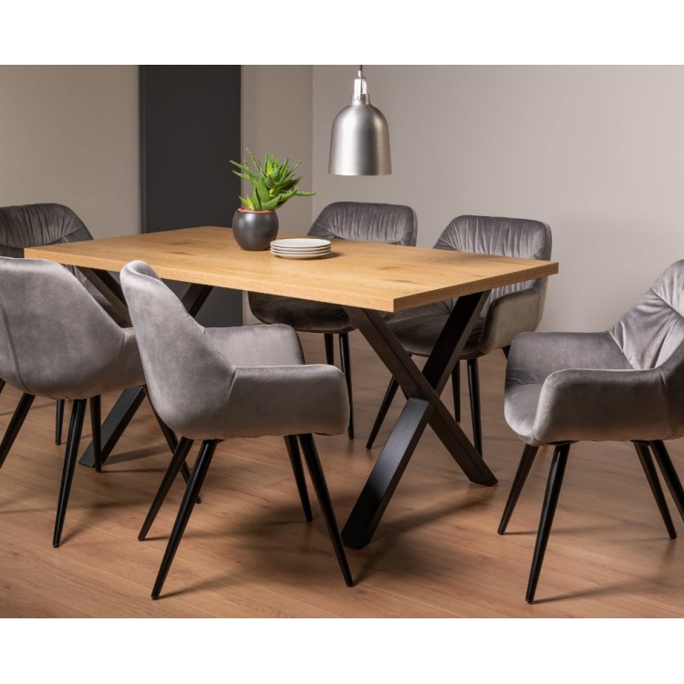 Bentley Designs Ramsay Rustic Melamine 6 Seater X Leg Dining Table With 6 Dali Grey Velvet Fabric Chairs