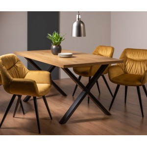 Bentley Designs Ramsay Rustic Melamine 6 Seater X Leg  Dining Table With 4 Dali Mustard Velvet Fabric Chairs Bentley Designs Ramsay Rustic Melamine 6 Seater X Leg  Dining Table With 4 Dali Mustard Velvet Fabric Chairs