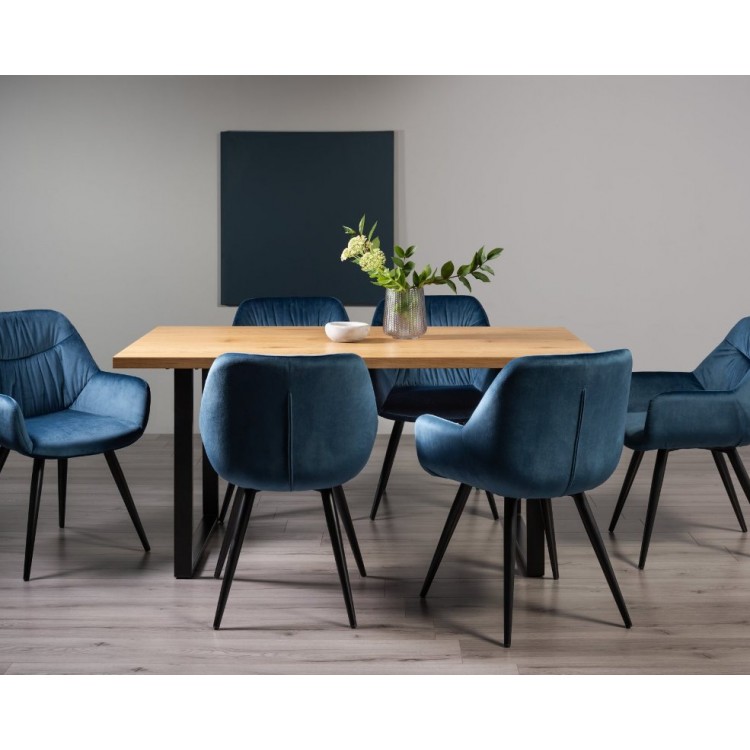 Bentley Designs Ramsay Rustic Melamine 6 Seater U Leg Dining Table With 6 Dali Petrol Blue Velvet Fabric Chairs