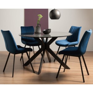 Bentley Designs Hirst Furniture 120cm Round Table Dining Set with 4 Fontana Blue Velvet Fabric Dining Chairs Bentley Designs Hirst Furniture 120cm Round Table Dining Set with 4 Fontana Blue Velvet Fabric Dining Chairs