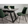 Bentley Designs Hirst grey painted tempered glass dining table with 6 fontana Green Velvet fabric chairs