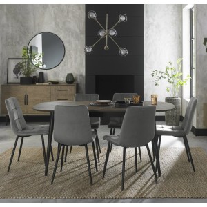 Bentley Designs Vintage Weathered Oak 6-8 Seater Oval Dining Table with 6 Mondrian Grey Velvet Fabric Chairs Bentley Designs Vintage Weathered Oak 6-8 Seater Oval Dining Table with 6 Mondrian Grey Velvet Fabric Chairs