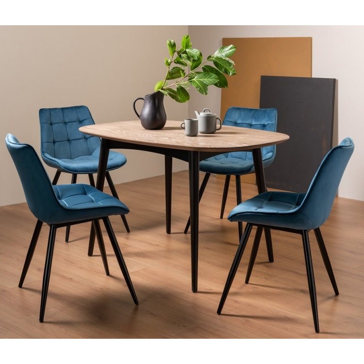 Bentley Designs Vintage Weathered Oak 4 Seater Oval Dining Table with 4 Seurat Blue Velvet  Fabric Chairs