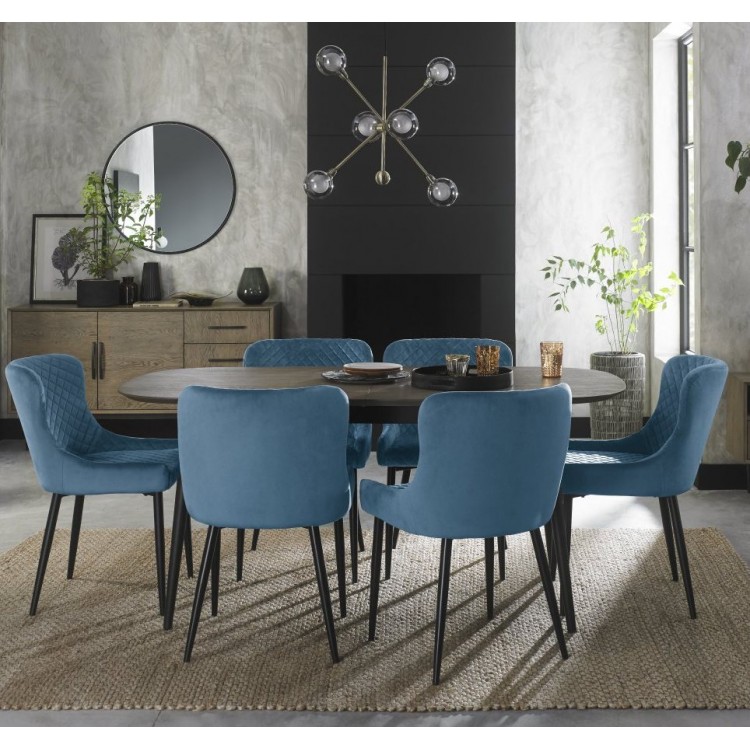Bentley Designs Vintage Weathered Oak Furniture 6 toÂ 8 Seater Oval Dining Table With 6 Cezanne Petrol Blue Velvet Fabric Chairs