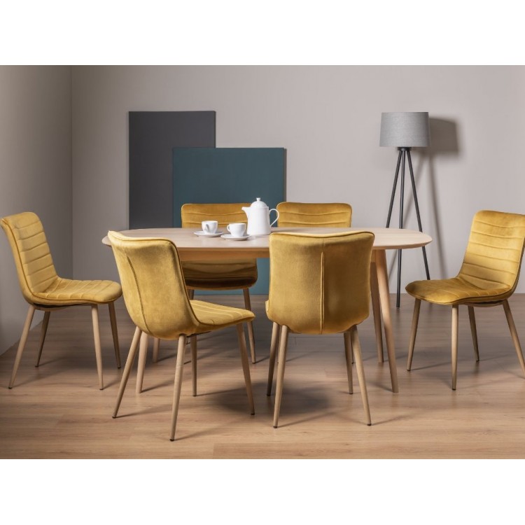 Bentley Designs Dansk Scandi Oak 6 Seater Dining Table With 6 Erisken Mustard Velvet Fabric Chairs