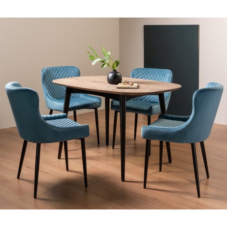 Bentley Designs Vintage Weathered Oak 4 Seater Dining Table with 4 Cezanne Petrol Blue Velvet Fabric Chairs