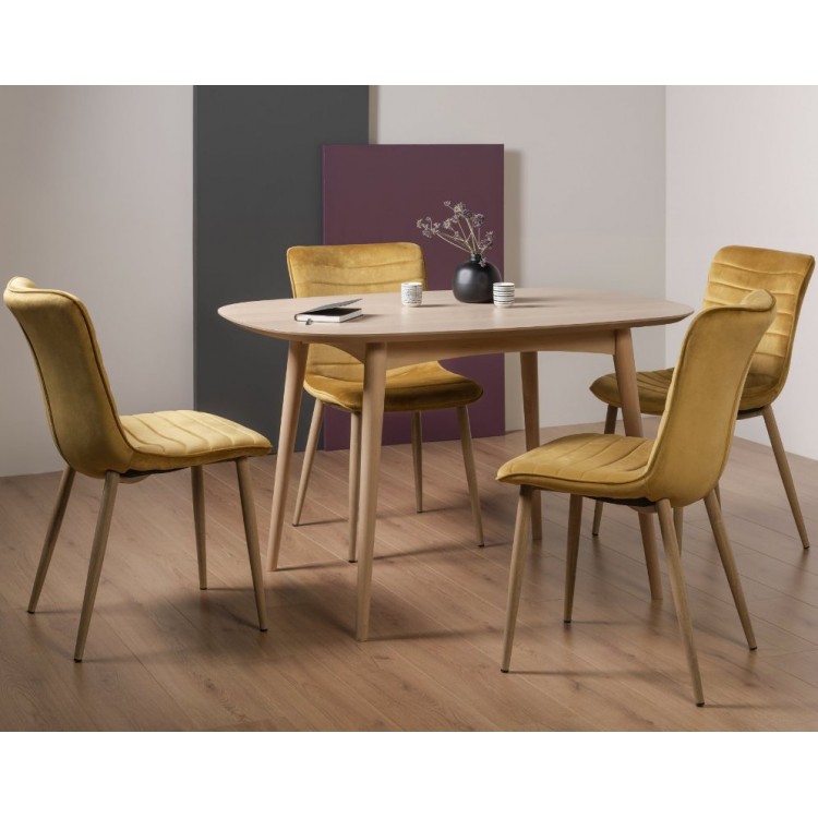 Bentley Designs Dansk Scandi Oak 4 Seater Dining Table With 4 Eriksen Mustard Velvet Fabric Chairs