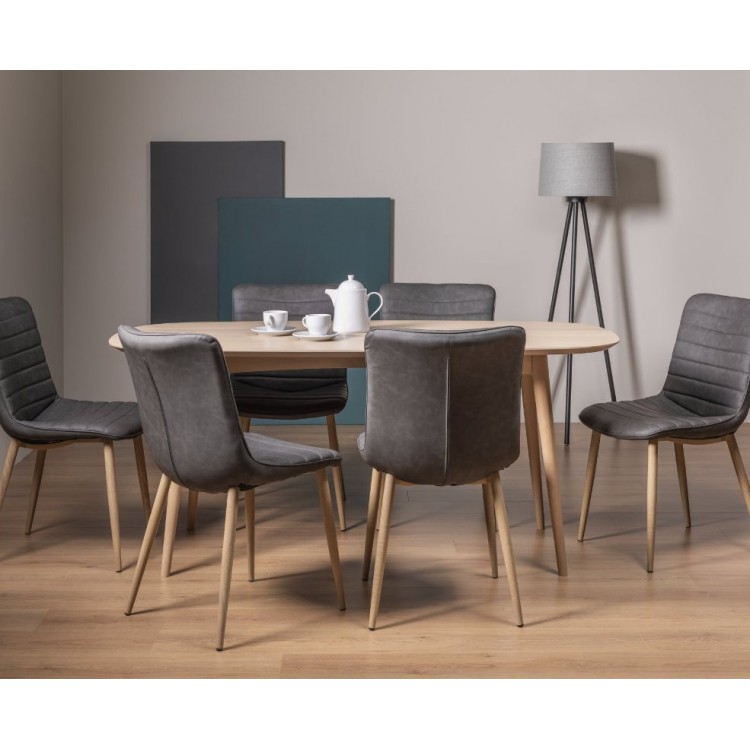 Bentley Designs Dansk Scandi Oak 6 Seater Dining Table With 6 Erisken Grey Faux Leather Chairs