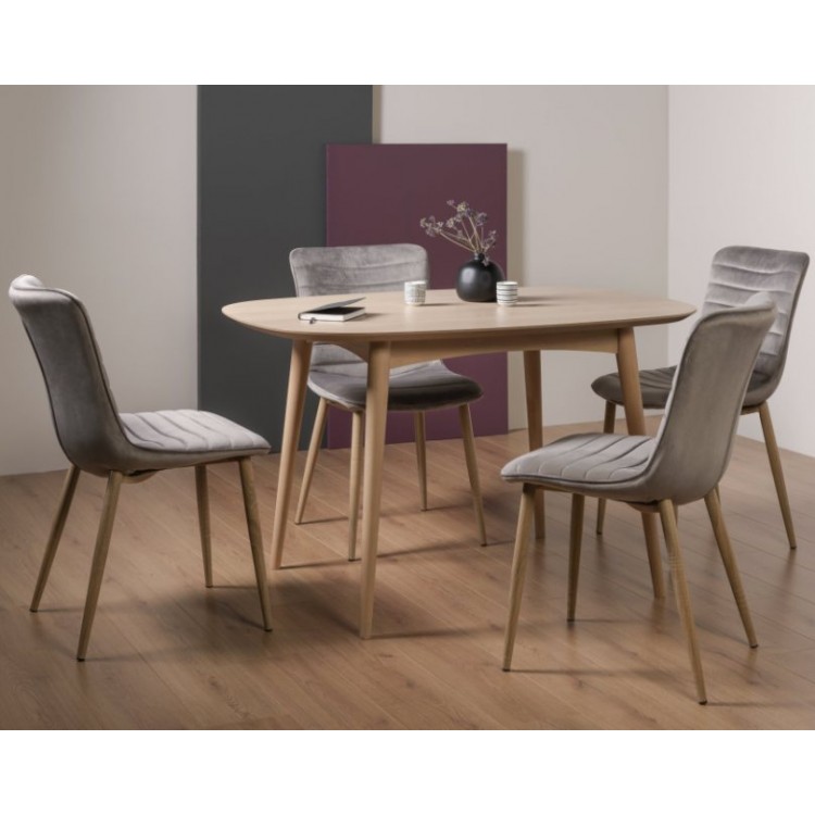 Bentley Designs Dansk Scandi Oak 4 Seater Dining Table With 4 Eriksen Grey Velvet Fabric Chairs