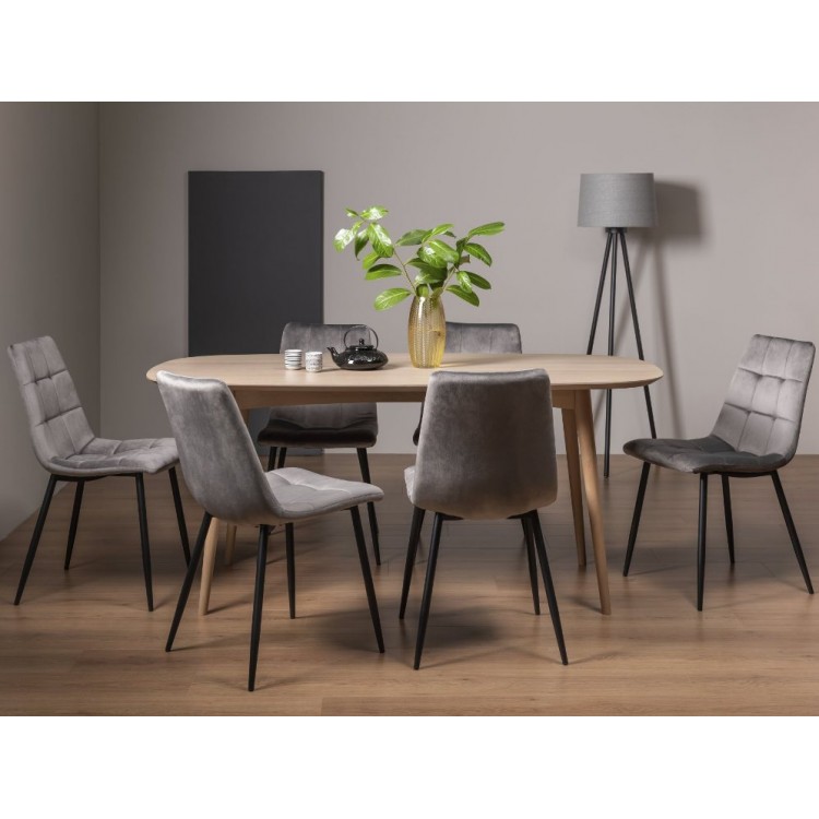 Bentley Designs Dansk Scandi Oak 6 Seater Dining Table With 6 Mondrian Grey Velvet Fabric Chairs