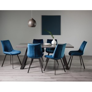 Bentley Designs Hirst grey painted tempered glass dining table with 6 fontana Blue Velvet fabric chairs Bentley Designs Hirst grey painted tempered glass dining table with 6 fontana Blue Velvet fabric chairs