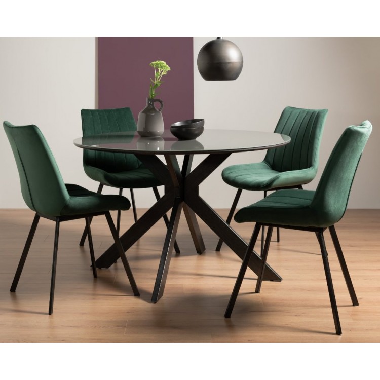 Bentley Designs Hirst Furniture 120cm Round Table Dining Set with 4 Fontana GreenÂ Velvet Fabric Dining Chairs