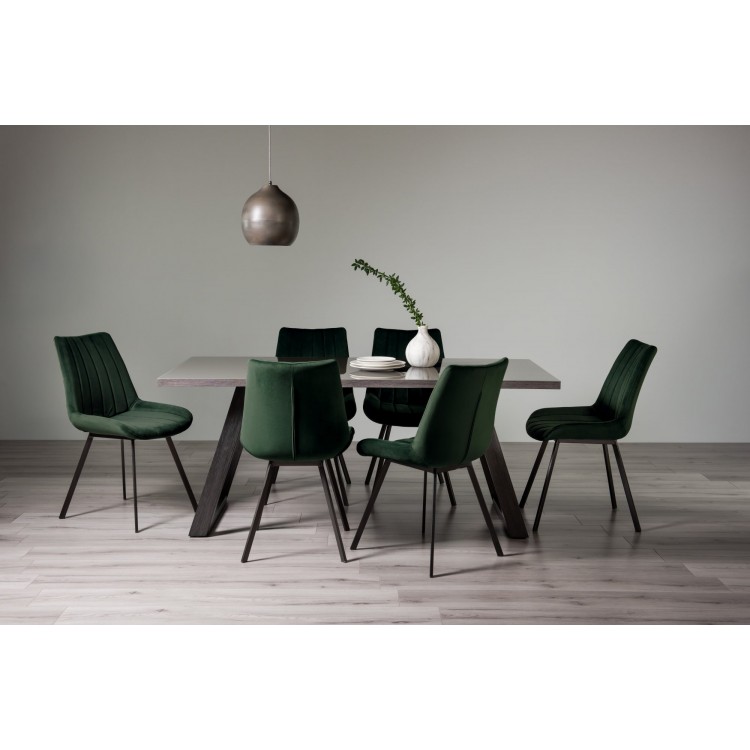 Bentley Designs Hirst grey painted tempered glass dining table with 6 fontana Green Velvet fabric chairs
