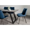 Bentley Designs Hirst grey painted tempered glass dining table with 6 fontana Blue Velvet fabric chairs