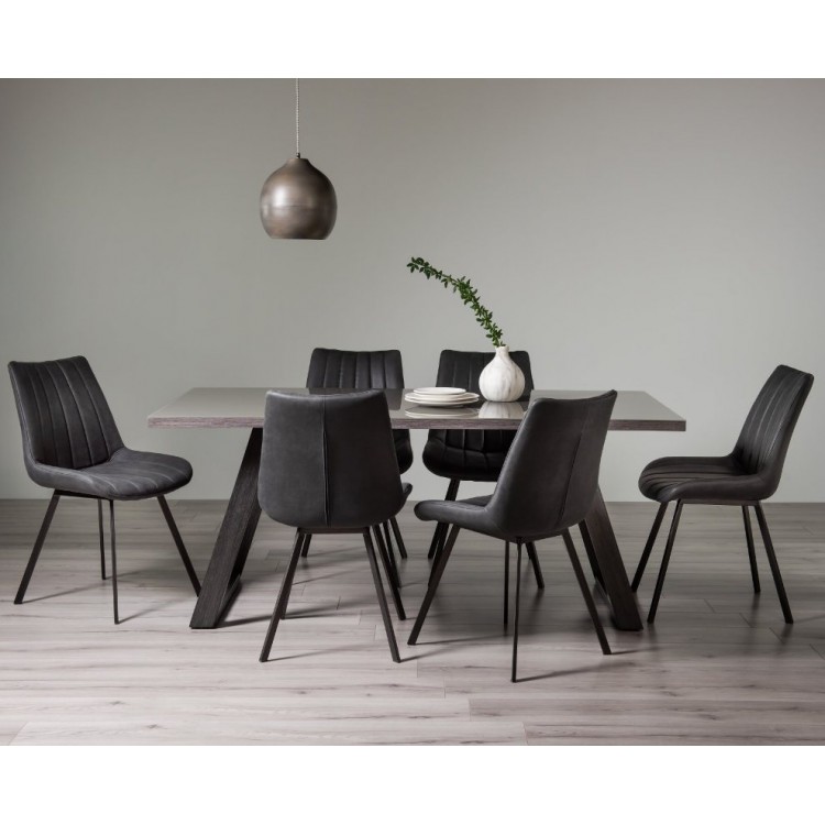 Bentley Designs Hirst grey painted tempered glass dining table with 6 fontana dark grey faux suede fabric chairs