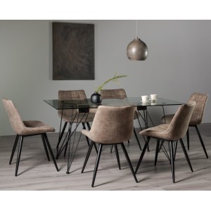 Bentley Designs Miro Clear Tempered Glass 6 Seater Dining Table with 6 Seurat Tan Faux Suede Fabric Chairs Bentley Designs Miro Clear Tempered Glass 6 Seater Dining Table with 6 Seurat Tan Faux Suede Fabric Chairs