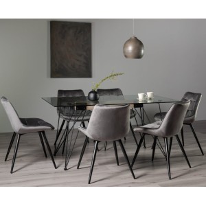 Bentley Designs Miro Clear Tempered Glass 6 Seater Dining Table with 6 Seurat Grey Velvet Fabric Chairs Bentley Designs Miro Clear Tempered Glass 6 Seater Dining Table with 6 Seurat Grey Velvet Fabric Chairs