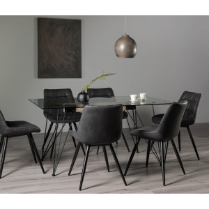 Bentley Designs Miro Clear Tempered Glass 6 Seater Dining Table with 6 Grey Faux Suede Fabric Chairs Bentley Designs Miro Clear Tempered Glass 6 Seater Dining Table with 6 Grey Faux Suede Fabric Chairs