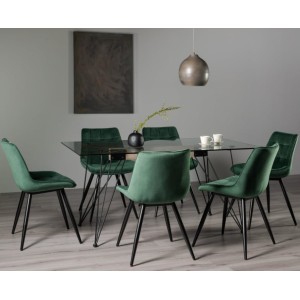 Bentley Designs Miro Clear Tempered Glass 6 Seater Dining Table with 6 Seurat Green Velvet Fabric Chairs Bentley Designs Miro Clear Tempered Glass 6 Seater Dining Table with 6 Seurat Green Velvet Fabric Chairs