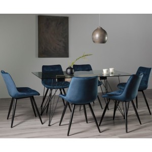 Bentley Designs Miro Clear Tempered Glass 6 Seater Dining Table with 6 Seurat Blue Velvet Fabric Chairs Bentley Designs Miro Clear Tempered Glass 6 Seater Dining Table with 6 Seurat Blue Velvet Fabric Chairs