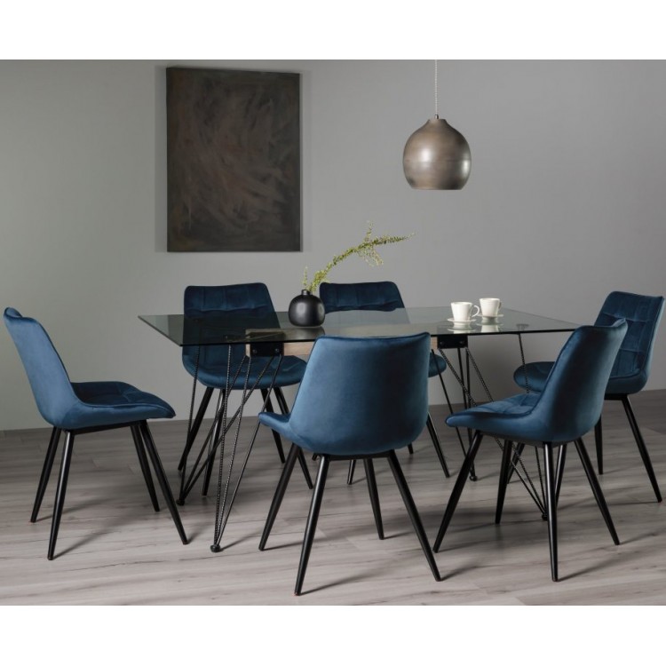 Bentley Designs Miro Clear Tempered Glass 6 Seater Dining Table with 6 Seurat Blue Velvet Fabric Chairs