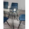 Bentley Designs Miro Clear Tempered Glass 6 Seater Dining Table with 6 Seurat Blue Velvet Fabric Chairs