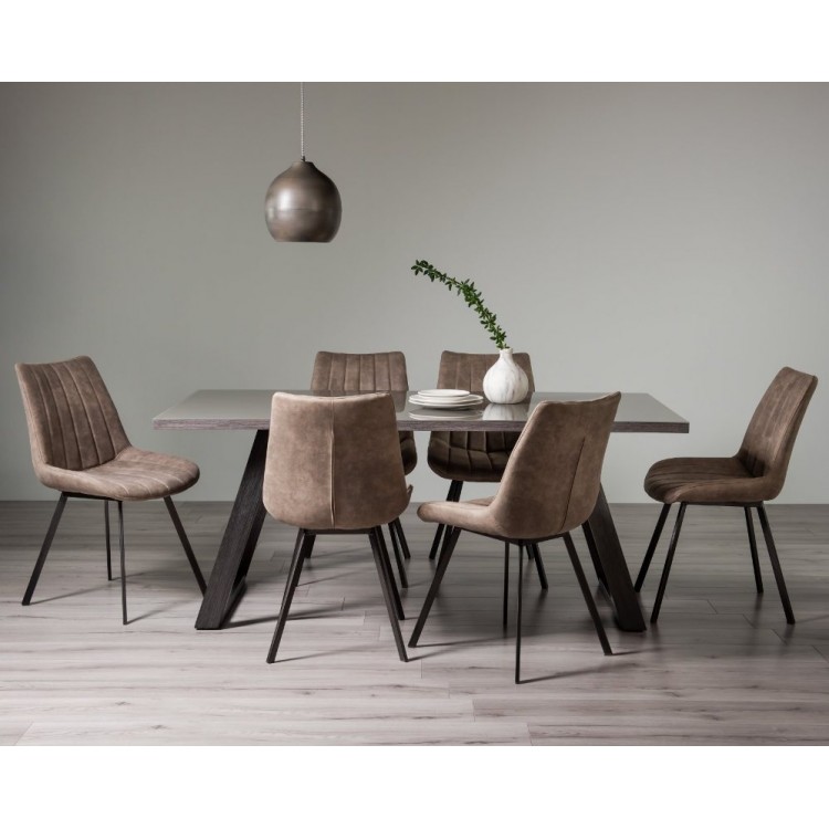 Bentley Designs Hirst Grey Painted Tempered Glass 6 Seater Dining Table with 6 Fontana Tan Faux Suede Fabric Chairs