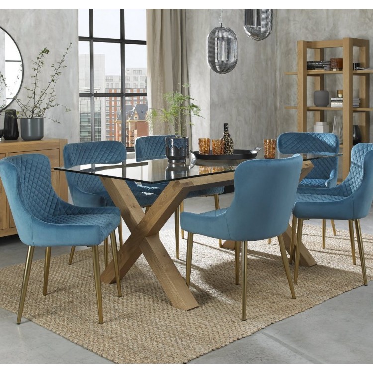 Bentley Designs Turin Furniture Rectangular 6 Seater Dining Table with 6 Cezanne Petrol Blue Gold-Plated Velvet Fabric Chairs