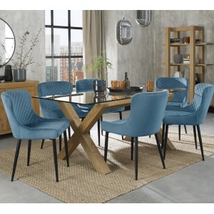 Bentley Designs Turin Clear Furniture Light Oak Rectangular 6 Seater Dining Table with 6 Cezanne Petrol Blue Velvet Fabric Chairs Bentley Designs Turin Clear Furniture Light Oak Rectangular 6 Seater Dining Table with 6 Cezanne Petrol Blue Velvet Fabric Chairs
