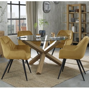 Bentley DesignsTurin Clear 120cm Round 4 Seater Glass Dining Table with 4 Dali Mustard Velvet Fabric Chairs Bentley DesignsTurin Clear 120cm Round 4 Seater Glass Dining Table with 4 Dali Mustard Velvet Fabric Chairs