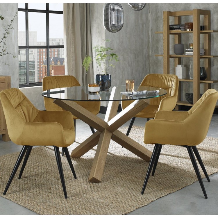 Bentley DesignsTurin Clear 120cm Round 4 Seater Glass Dining Table with 4 Dali Mustard Velvet Fabric Chairs