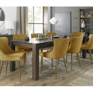 Bentley Designs Turin Dark Oak 6-10 Seater Dining Table With 8 Cezanne Mustard Velvet Gold-Plated Legs Fabric Chairs Bentley Designs Turin Dark Oak 6-10 Seater Dining Table With 8 Cezanne Mustard Velvet Gold-Plated Legs Fabric Chairs