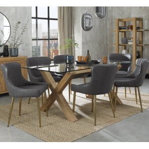 Bentley Designs Turin Clear Rectangular Light Oak Legs 6 Seater Dining Table with 6 Cezanne Grey Faux Gold-Plated Legs Leather Chairs Bentley Designs Turin Clear Rectangular Light Oak Legs 6 Seater Dining Table with 6 Cezanne Grey Faux Gold-Plated Legs Leather Chairs