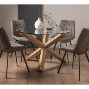 Bentley Designs Turin Clear 120cm Round 4 Seater Glass Dining Table with 4 Fontana Tan Faux Suede Fabric Chairs Bentley Designs Turin Clear 120cm Round 4 Seater Glass Dining Table with 4 Fontana Tan Faux Suede Fabric Chairs