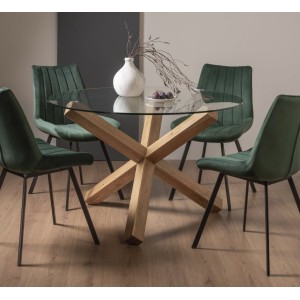 Bentley DesignsTurin Clear 120cm Round 4 Seater Glass Dining Table with 4 Fontana Green Velvet Fabric Chairs Bentley DesignsTurin Clear 120cm Round 4 Seater Glass Dining Table with 4 Fontana Green Velvet Fabric Chairs