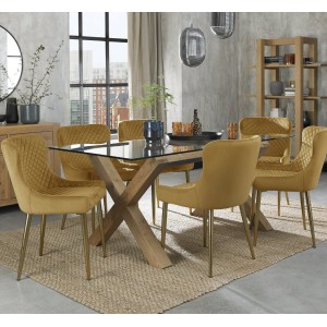 Bentley Designs Turin Clear Tempered Glass 6 Seater Light Oak Legs Dining Table with 6 Cezanne Mustard Velvet Matt-Gold Plated Fabric Chairs Bentley Designs Turin Clear Tempered Glass 6 Seater Light Oak Legs Dining Table with 6 Cezanne Mustard Velvet Matt-Gold Plated Fabric Chairs