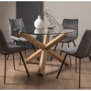 Bentley DesignsTurin Clear 120cm Round 4 Seater Glass Dining Table with 4 Fontana Grey Velvet Fabric Chairs Bentley DesignsTurin Clear 120cm Round 4 Seater Glass Dining Table with 4 Fontana Grey Velvet Fabric Chairs