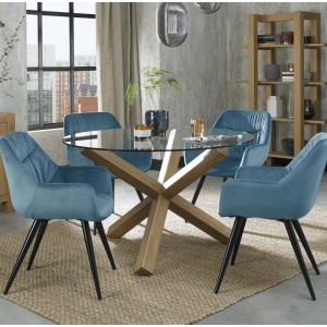 Bentley DesignsTurin Clear 120cm Round 4 Seater Glass Dining Table with 4 Dali Petrol Blue Velvet Fabric Chairs Bentley DesignsTurin Clear 120cm Round 4 Seater Glass Dining Table with 4 Dali Petrol Blue Velvet Fabric Chairs