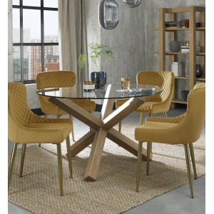 Bentley DesignsTurin Clear 120cm Round 4 Seater Glass Dining Table with 4 Cezanne Mustard Velvet Fabric Chairs Bentley DesignsTurin Clear 120cm Round 4 Seater Glass Dining Table with 4 Cezanne Mustard Velvet Fabric Chairs