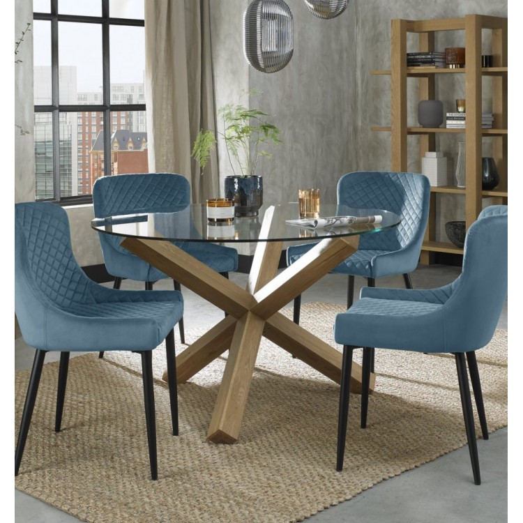 Bentley DesignsTurin Clear 120cm Round 4 Seater Glass Dining Table with 4 Cezanne Petrol Blue Velvet Fabric Chairs