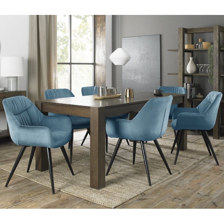 Bentley Designs Turin Dark Oak Large 6-8 Seater Dining Table With 6 Dali Petrol Blue Velvet Fabric Chairs