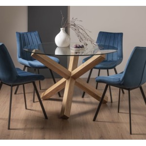 Bentley DesignsTurin Clear 120cm Round 4 Seater Glass Dining Table with 4 Fontana Blue Velvet Fabric Chairs Bentley DesignsTurin Clear 120cm Round 4 Seater Glass Dining Table with 4 Fontana Blue Velvet Fabric Chairs