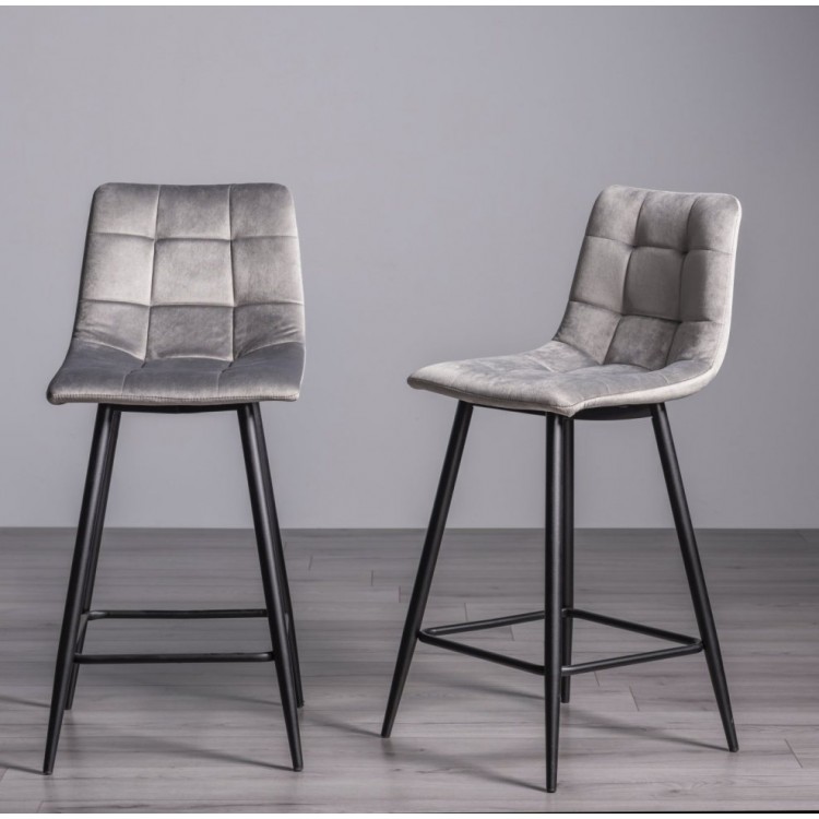 Bentley Designs Mondrian Furniture Grey Velvet Fabric Bar Stools (Pair)