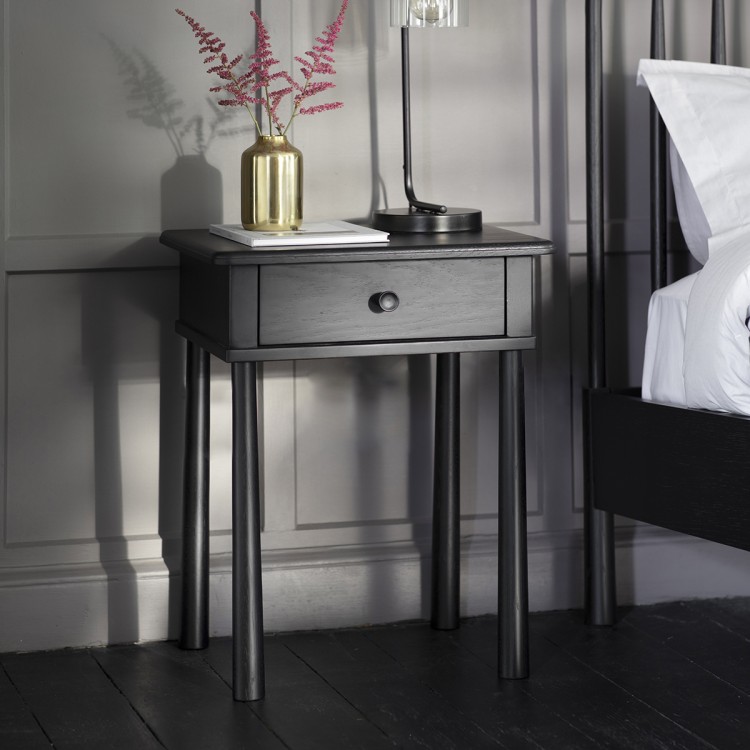 Builth Wells Furniture Charcoal Black Single Drawer Bedside Table 5056263946154