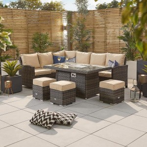 Nova Garden Furniture Cambridge Brown Rattan Left Hand Corner Dining Set with Fire Pit Table 