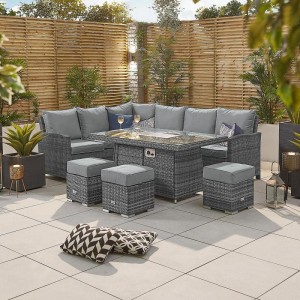 Nova Garden Furniture Cambridge Grey Rattan Left Hand Corner Dining Set with Fire Pit Table  