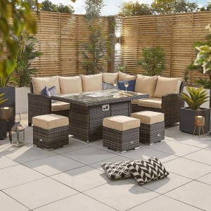 Nova Garden Furniture Cambridge Brown Rattan Right Hand Corner Dining Set with Fire Pit Table Nova Garden Furniture Cambridge Brown Rattan Right Hand Corner Dining Set with Fire Pit Table