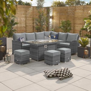 Nova Garden Furniture Cambridge Grey Rattan Right Hand Corner Dining Set with Fire Pit Table  