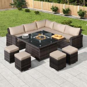 Nova Garden Furniture Cambridge Brown Rattan Deluxe Corner Dining Set with Fire Pit Table Nova Garden Furniture Cambridge Brown Rattan Deluxe Corner Dining Set with Fire Pit Table